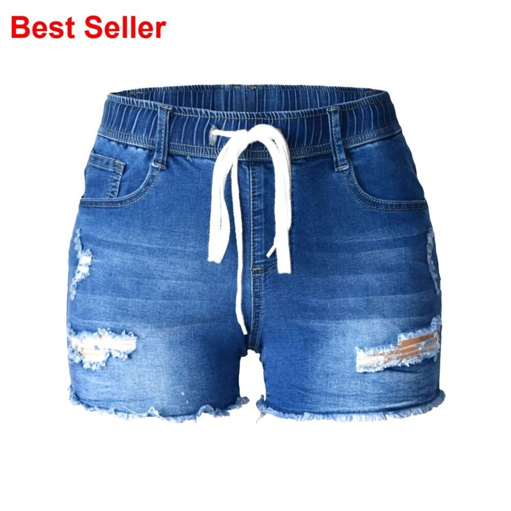 Ripped Denim Shorts with Stretch Waist Frayed Distressed Design